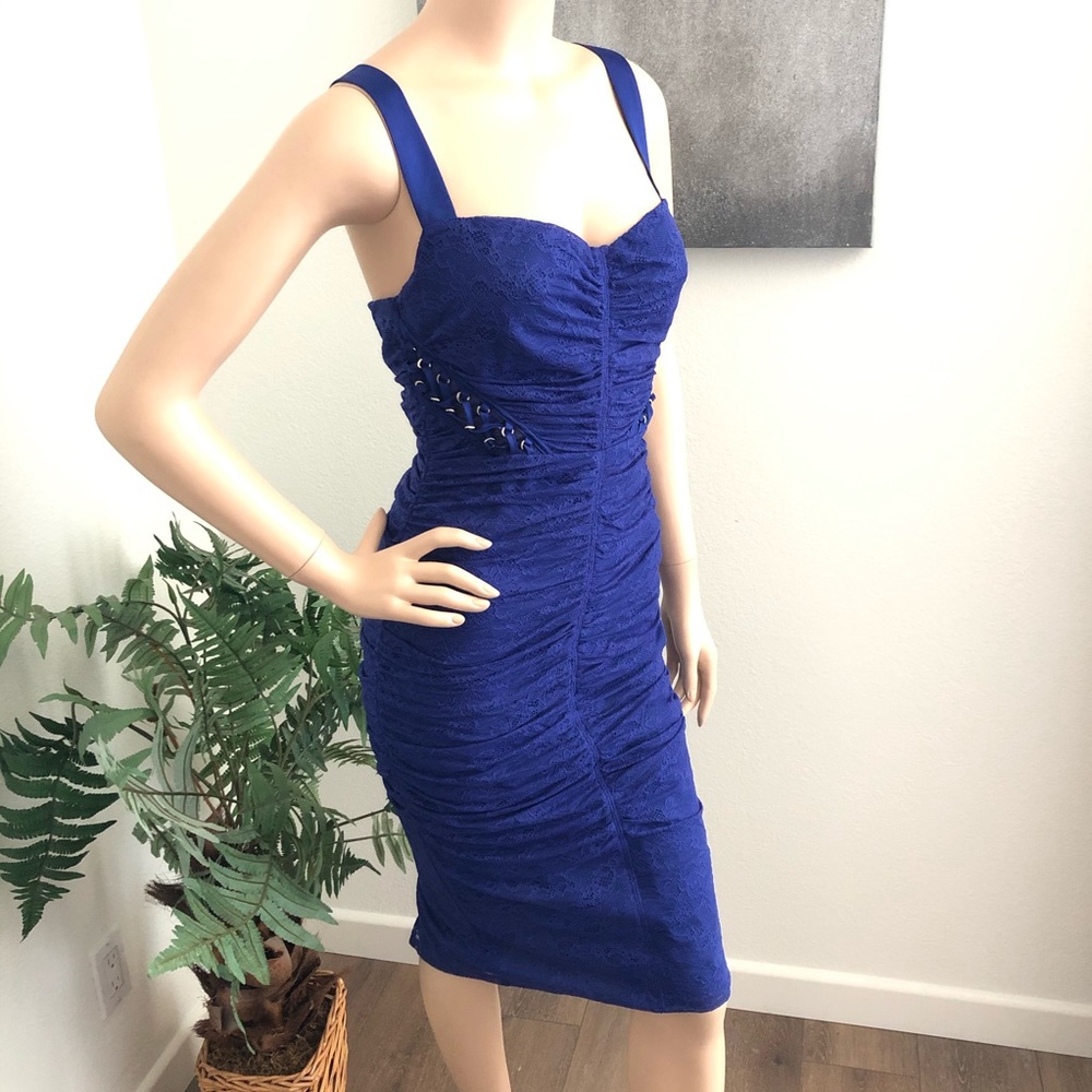 Marciano (Guess) Indigo Lace Ruched Cocktail Dress | Sweetheart Style Neck